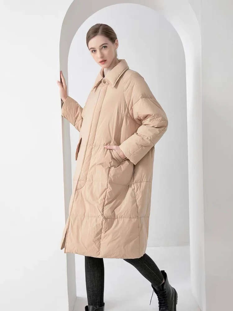 Oversize long duck down jacket for women 2024 Fall winter Warm A-line puffer coat Overshirt Female parkas Solid color DJ018