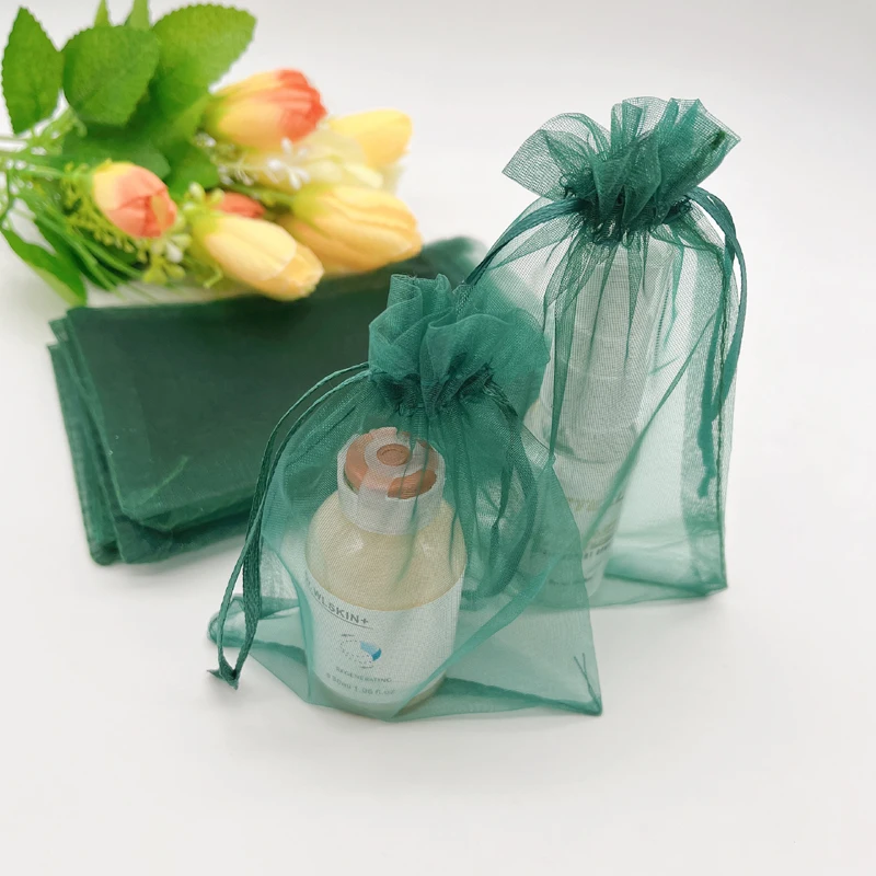 Bolsas de exhibición de UDS, bolsas de regalo de color verde oscuro, negruzco, para joyería, embalaje, bolsa de regalo de boda, bolsita de Organza con cordón, 100