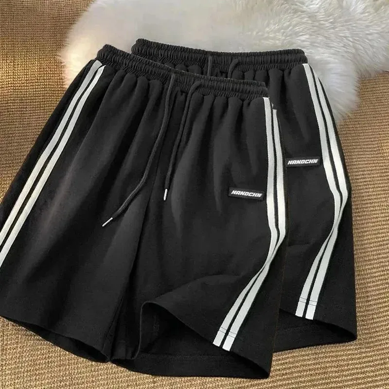 Side Striped Sweatpants Women High Waisted Loose Straight Running Shorts Summer Fashion Casual Black White Wide Leg Shorts