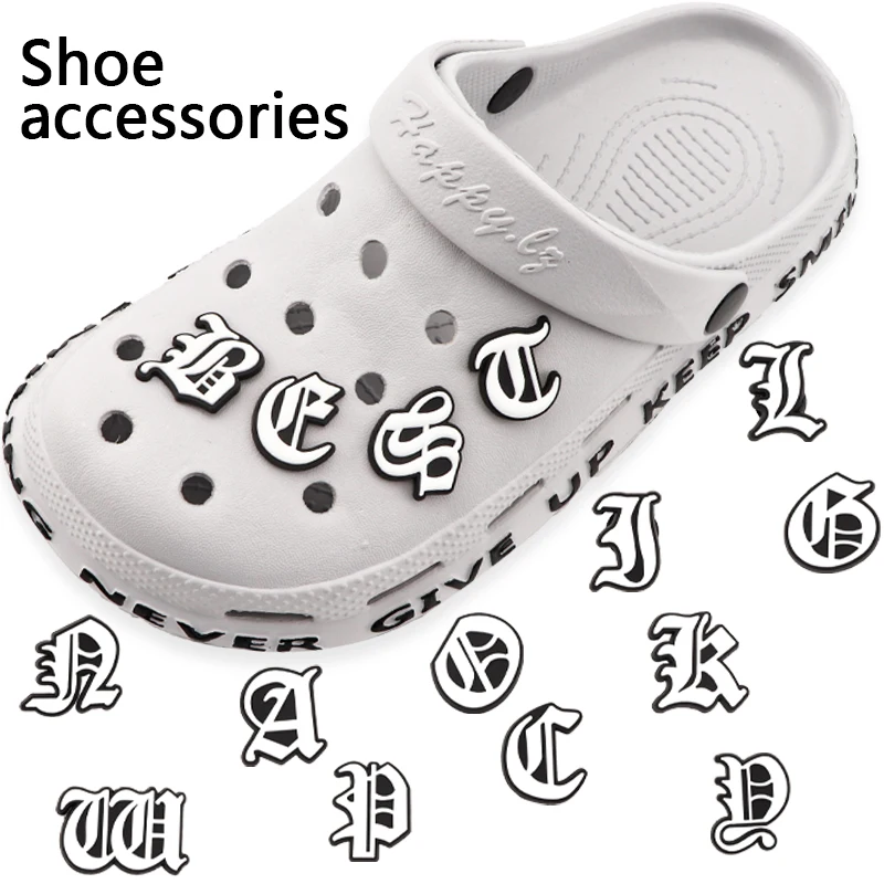 Black And White Old Alphabet Hole Shoes Charms Detachable Decoration Letter Accessories For Men Women Sandals Ornaments 1Pcs