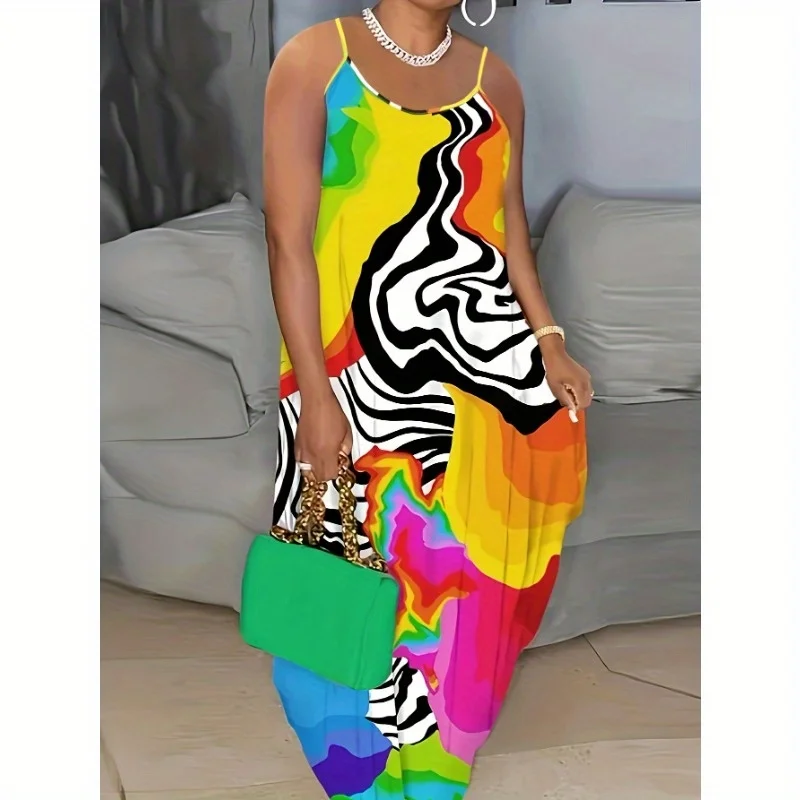 

Sexy Casual Printed Backless Slim Shoulder Strap Long Skirt Dress