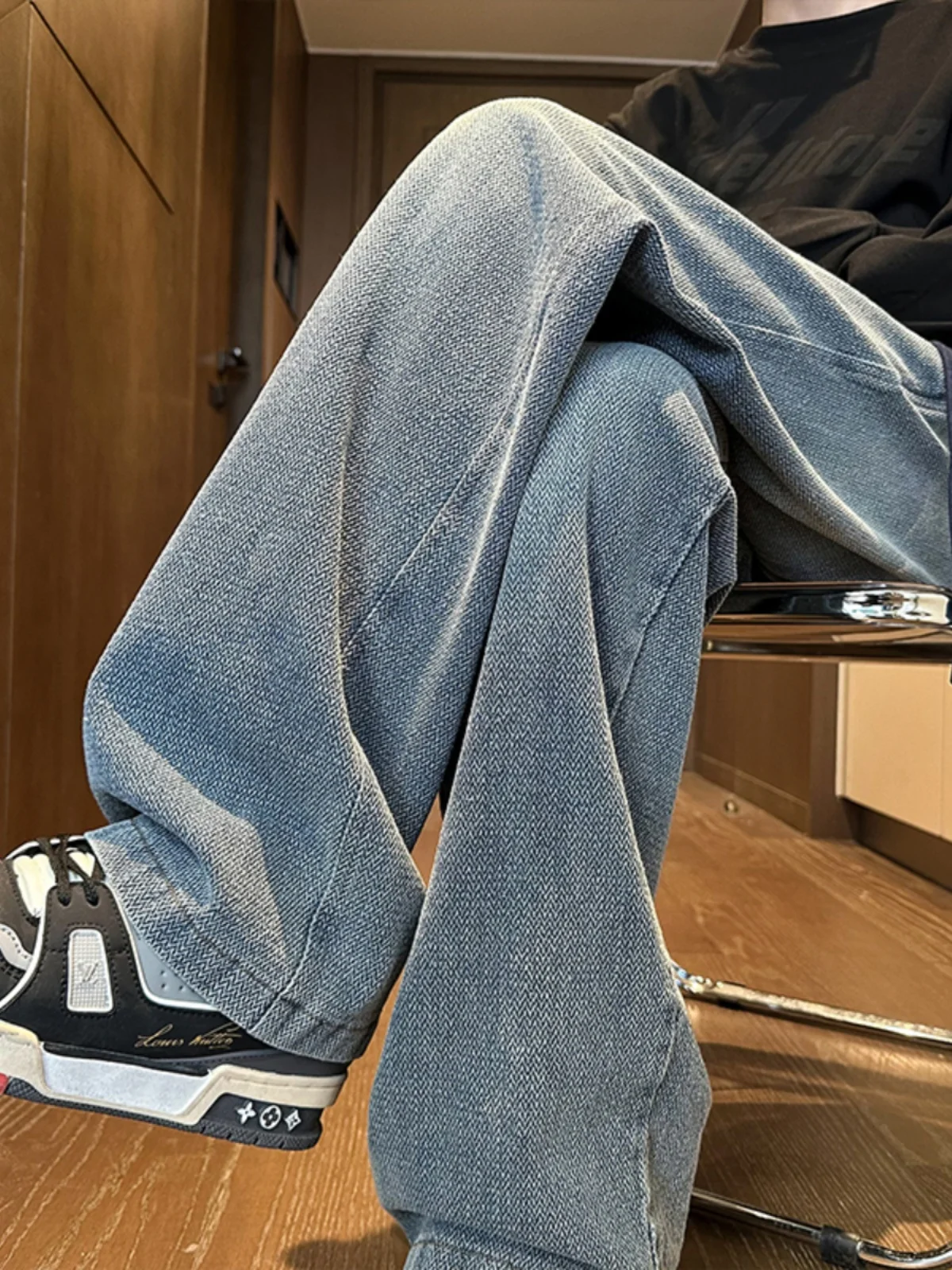 

Retro American Denim Jeans Men's Spring Autumn Loose Wide Leg Straight Tube Pants Youth Trendy Wear Resistant Elastic