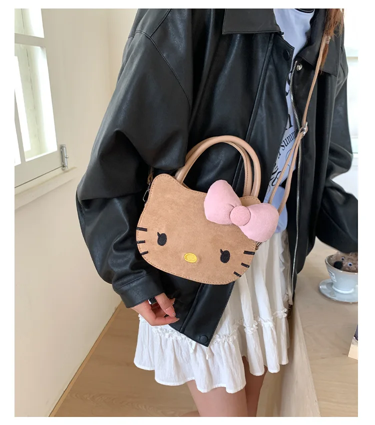 

Playful, Cute, High Beauty Black Leather Hello Kitty Handbag, New Fashionable Autumn Collection Handbag, Suede Crossbody Bag