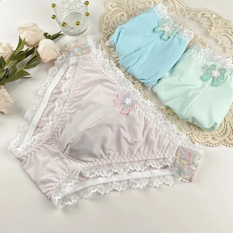 Men Ice Silk Soft Sexy Embroidery Underwear Lace Edge Panties Cute Sweet Floral Briefs FKK Party Live Show Dance Clothing