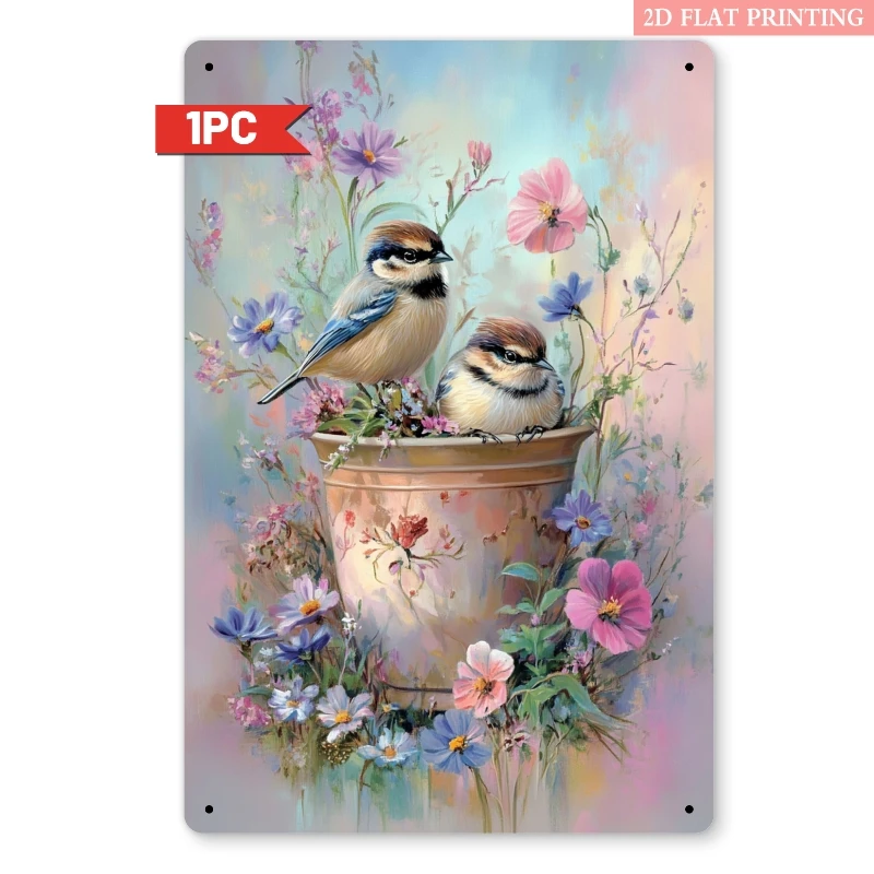 2D Flat Wall Decoration Featuring a Vintage Metal Sign with Birds And Flowers, Showcasing Goldfinches And Pink/Blue Blooms. This