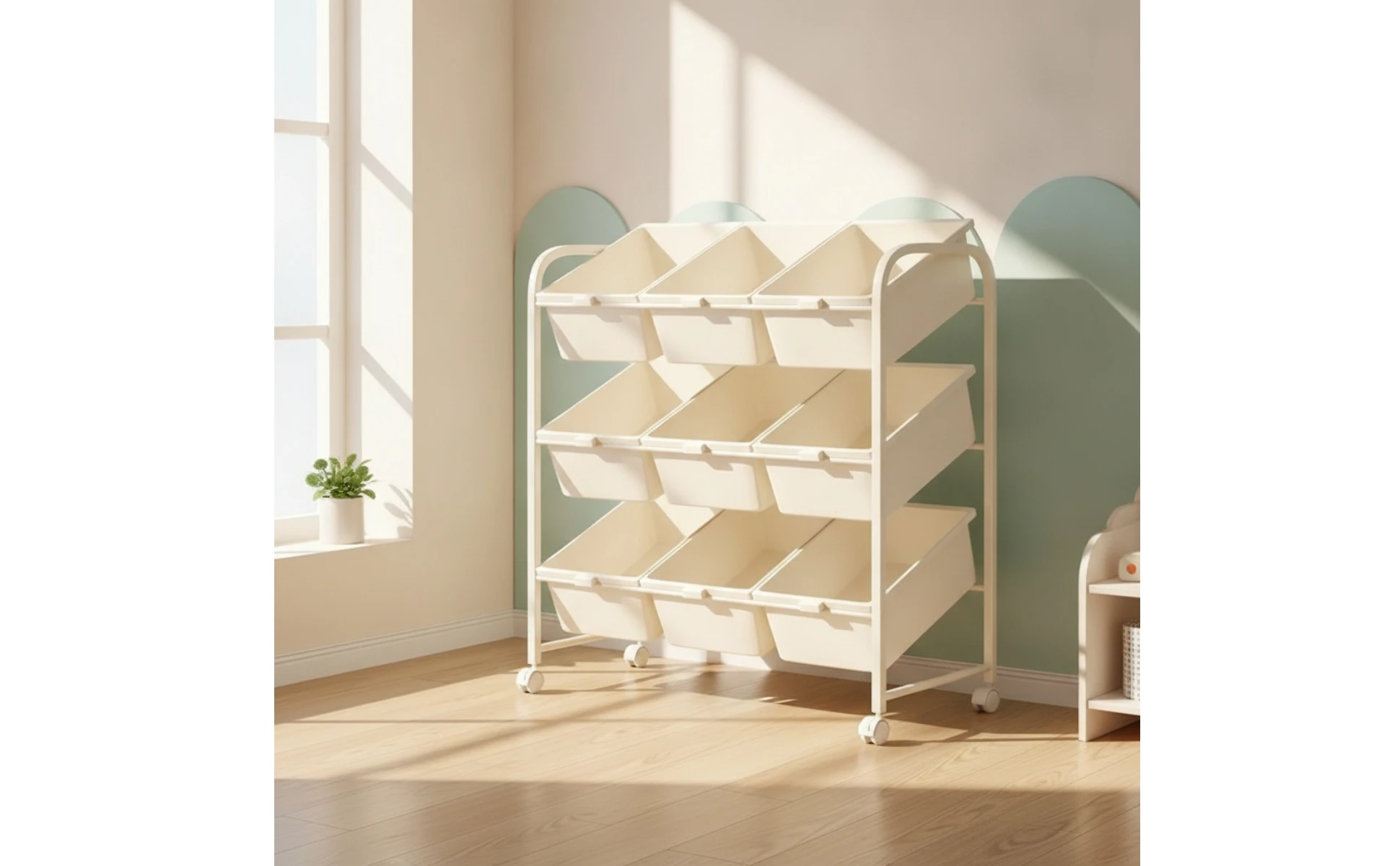 Toy Storage Rack with Bins 3-Tier Rolling Toy Organizer Kids Storage Shelf with Bins Mobile Furniture Wheeled for Parents