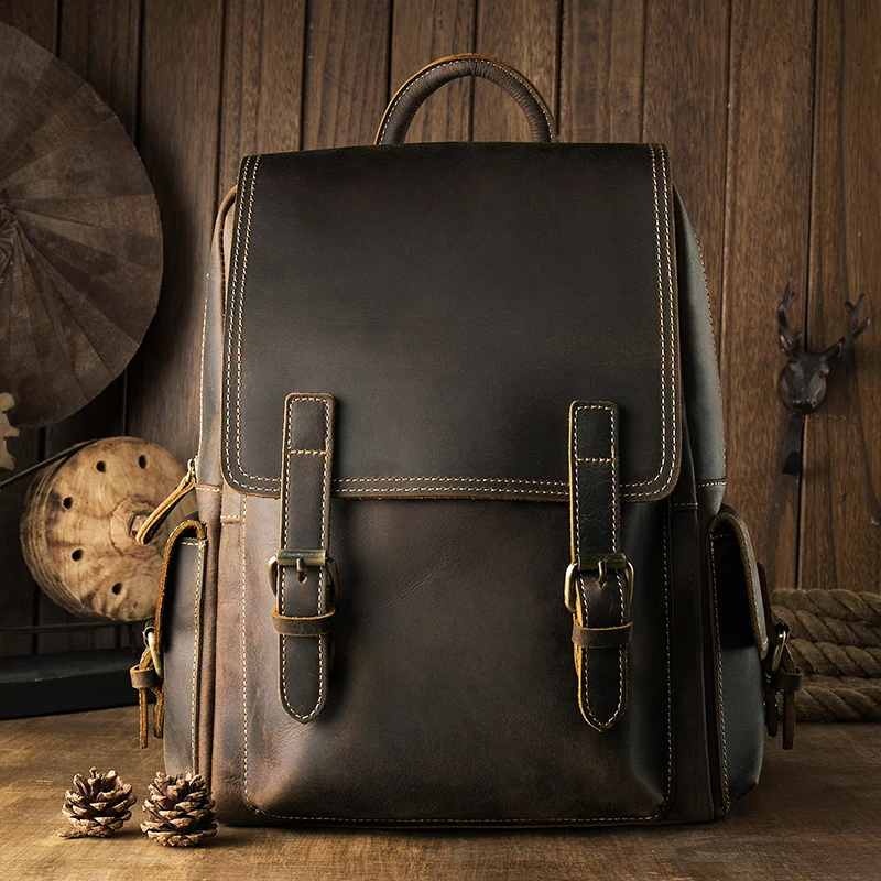 

Crazy Horse Leather Men's Backpack Vintage Genuine Leather Laptop Bag Large Capacity Rucksack Casual Outdoor Cowhide Knapsack