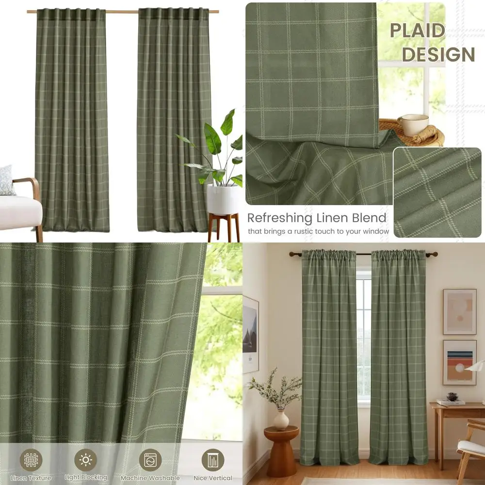 

Льняные клетчатые шторы, современные оконные панели, зеленый мх, клетчатый тартан, светофильтрующие шторы для гостиной, спальни, карман для стержня B