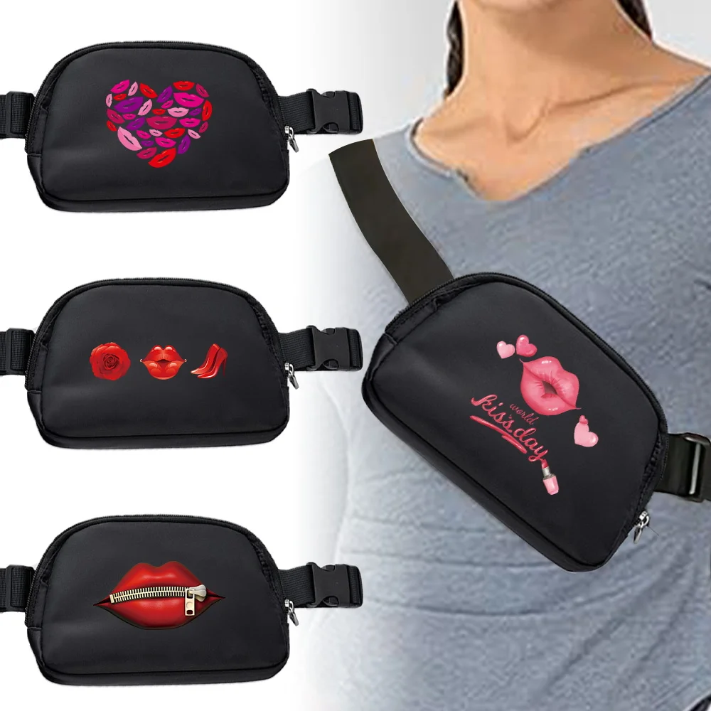 Slim Hiking Fanny Pack Mouth Print Waist Belt Bag Casual Running Outdoor Crossbody Storage Pouch