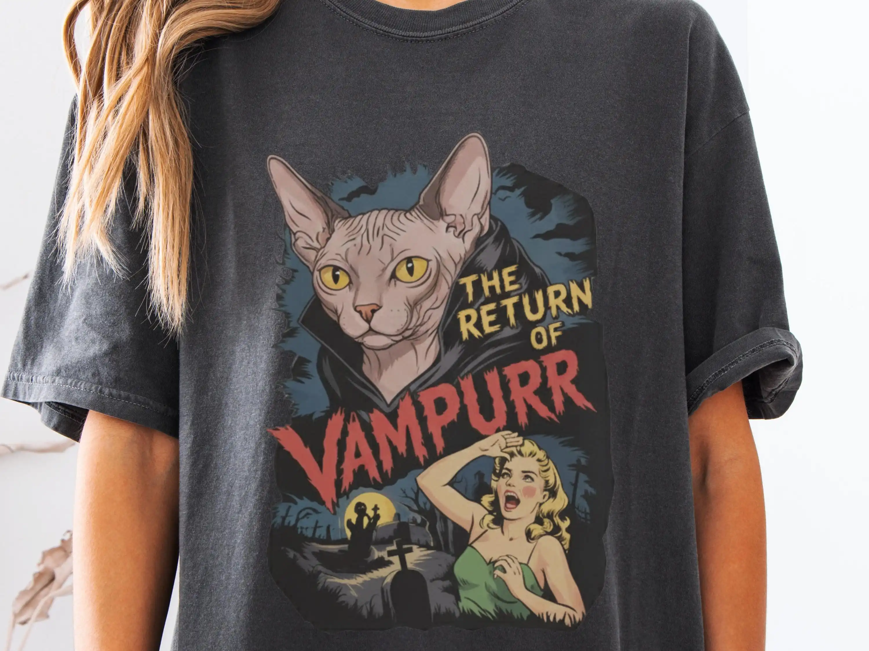 Vampurr Sphynx Vampire T-Shirt  Hairless Cat Dracula Tee, Peterbald Donskoy Gothic Halloween Spooky Season 90s Poster Cat Gift T