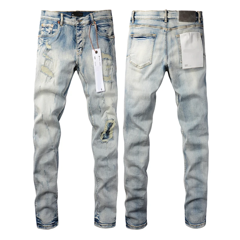 

24SS New Ripped Hole Splic Cowboys Purple Everyday Street Casual Pants Men High Quality Slim Stretch Jeans