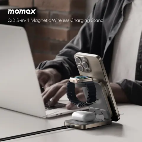 MOMAX 3-in-1 Foldable Qi2 15W Magnetic Wireless Charging Stand Fast Charging Station for iPhone AirPods Apple Watch