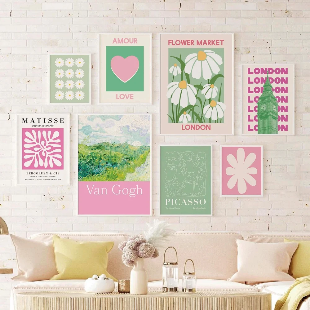 

1PC Frameless Pink and Green Gallery Wall Posters Canvas Painting Cute Boho Love Print Art for Dorm Room Home Bedroom Decoration