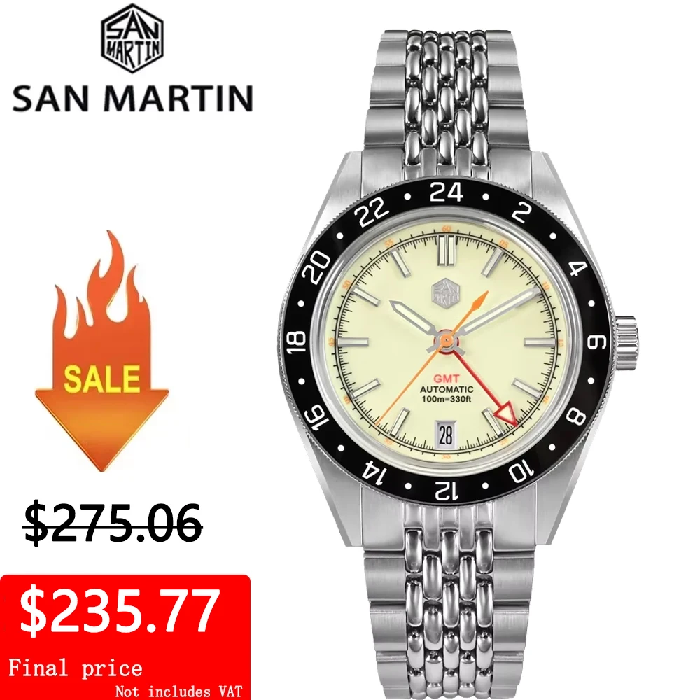 

San Martin SN0116 Мужские часы для дайвинга 39,5 мм NH34 GMT Автоматические механические спортивные часы со светящимся сапфиром Водонепроницаемые наручные часы 100 м