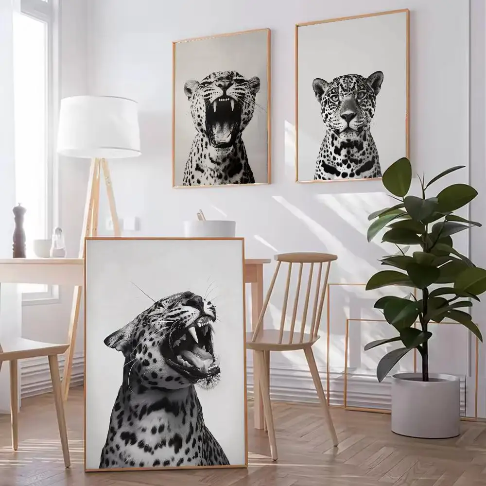 Leopard Roar HD Wall Art Poster Black White Animal Illustration Fashion Stylish Modern Home Decor Living Room Bedroom Gift