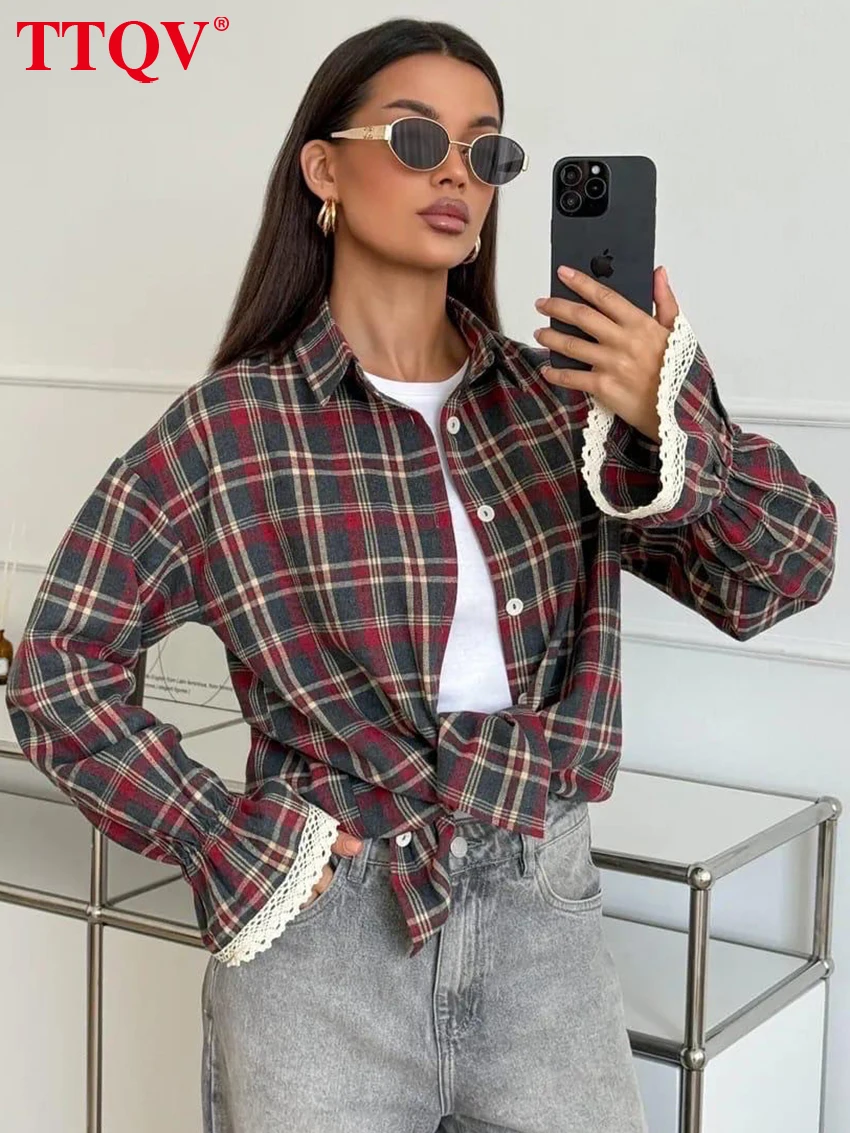 

Женская блузка TTQV Fashion свободного кроя в красную клетку, осень 2026, с отложным воротником, длинным рукавом, элегантная классическая рубашка с кружевными вставками, женский топ