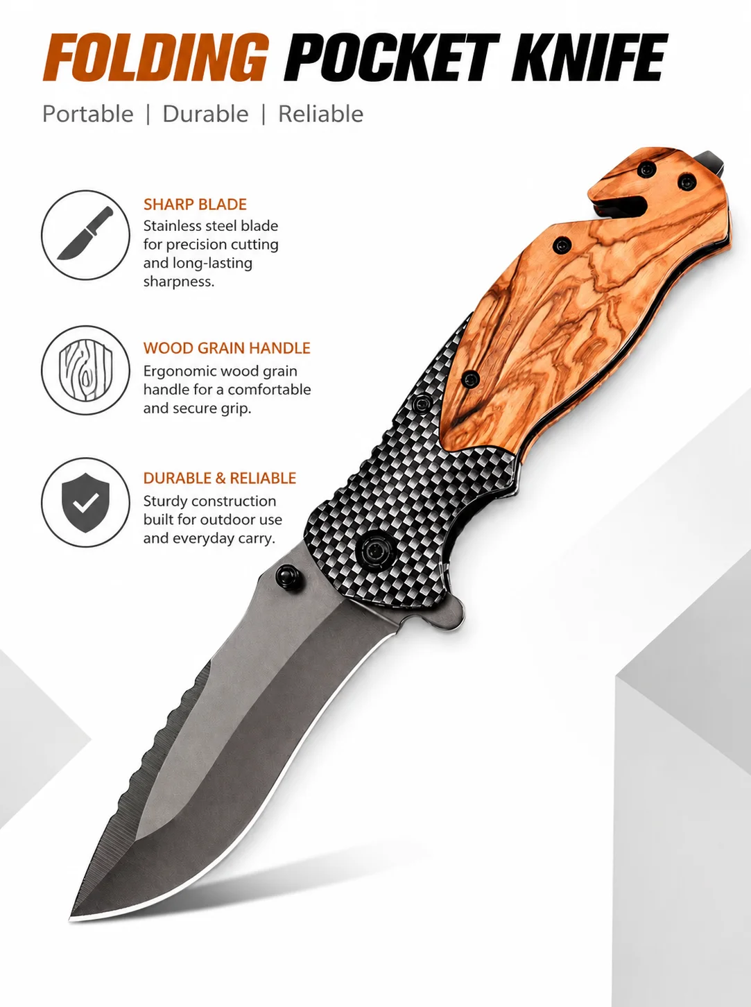 Outdoor Folding Pocket Tool Stainless Steel Handle Portable Camping Gear EDC Utility Tool with Wood Grain Grip for Hiking Travel