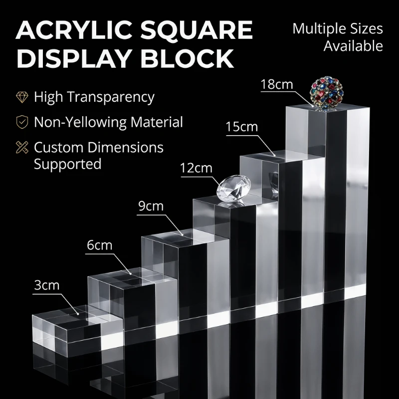 Clear Solid Acrylic Square Block Pillar, PMMA Display Pedestal Base for Jewelry, Mini Ornaments, Figurine Models, Toys, Cosmetic view 2