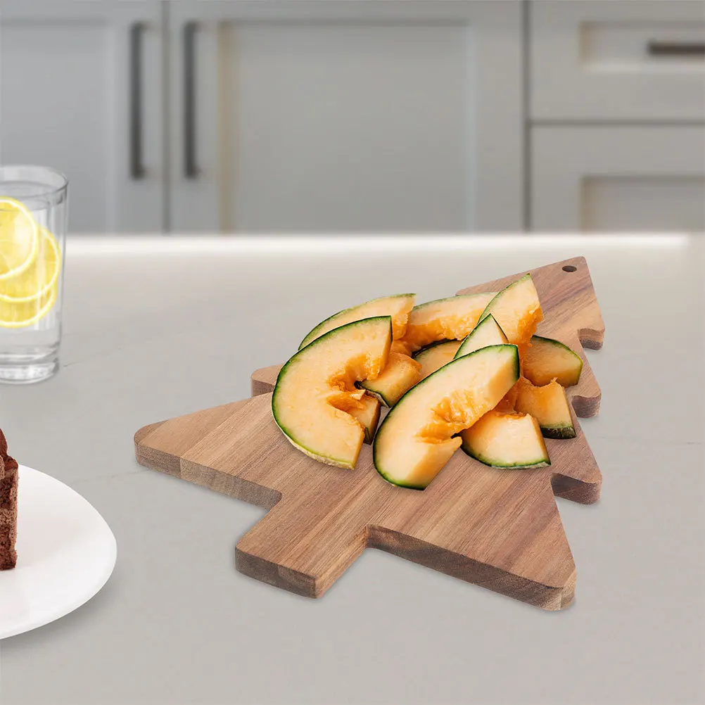 

2pcs Christmas Tree Shaped Wooden Cutting Board Round Serving Tray For Kitchen Charcuterie Pizza Fruit Board Decorative