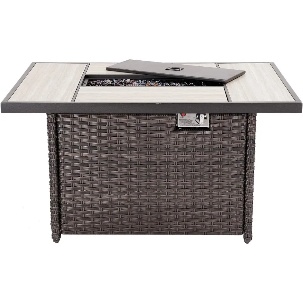 

Outdoor Propane Fire Pit Table with Wicker Design and Cover, 43-inch, 60,000 BTU, Rectangle