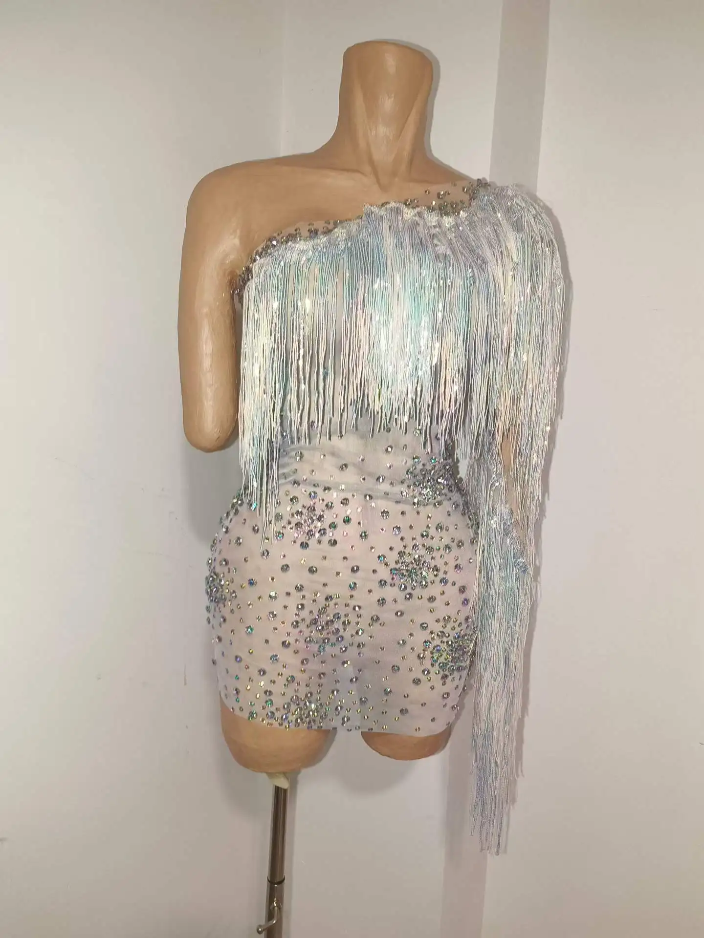 

Sparkly White Fringe Exotic Vegas Showgirl Drag Costumes Birthday Outfits Women Rhinestone Crystal Latin Jazz Dance Body Suit