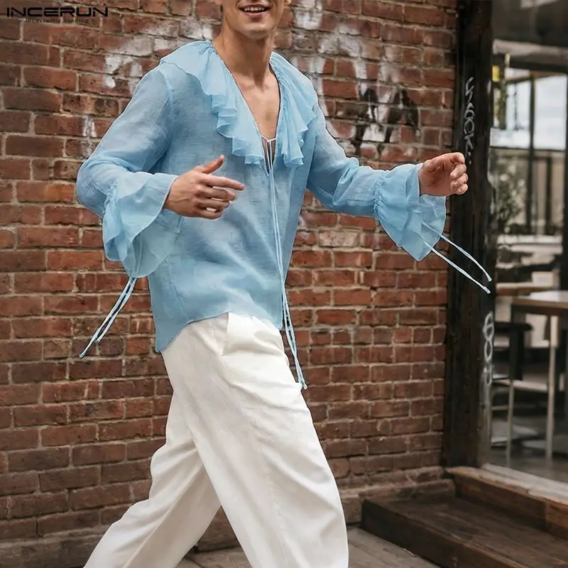 Men's Shirt Solid 2026 Ruffle Loose Women Man Clothes Tops Lace Up See Through Vacation Camisa Streetwear Fashion Shirts For Man