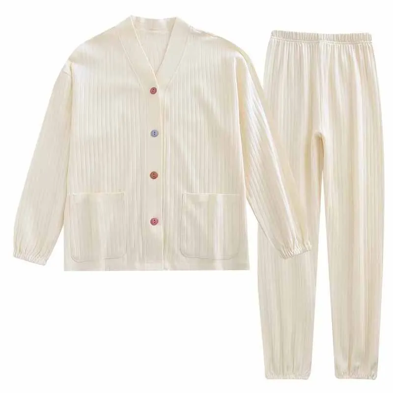 Women 2Pcs Pyjamas Knitting Cotton Sleepwear Cardigan Long-Sleeved Trousers Soft Nightwear Elegant Home Clothes Loungewear Set