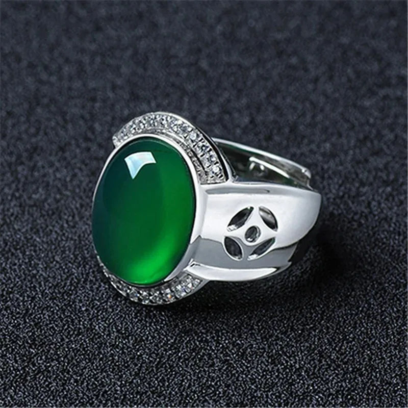 Natural Green Chalcedony Hand Carved Jade Ring Fashion Boutique Jewelry Men's and Women's Agate Opening Adjustable Ring Gift 3