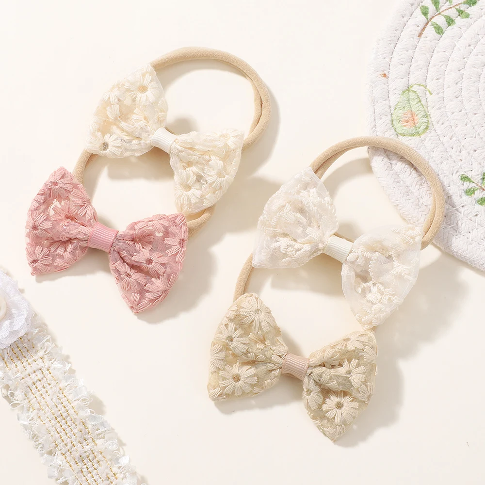 4-teiliges besticktes Spitzen-Stirnband-Set für Babys, Neugeborene, elastisches Haarband, Blumen-Haarschmuck, Baby-Schleife, Kopfbedeckung, Zubehör