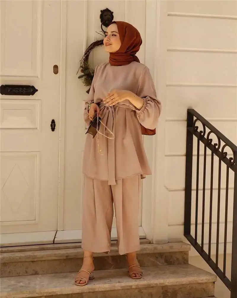 Elegant 2 Piece Muslim Sets for Women Tops and Pants Suits Eid Arabic Abaya Matching Long Sleeve Outfits Casual Isamic Clothing