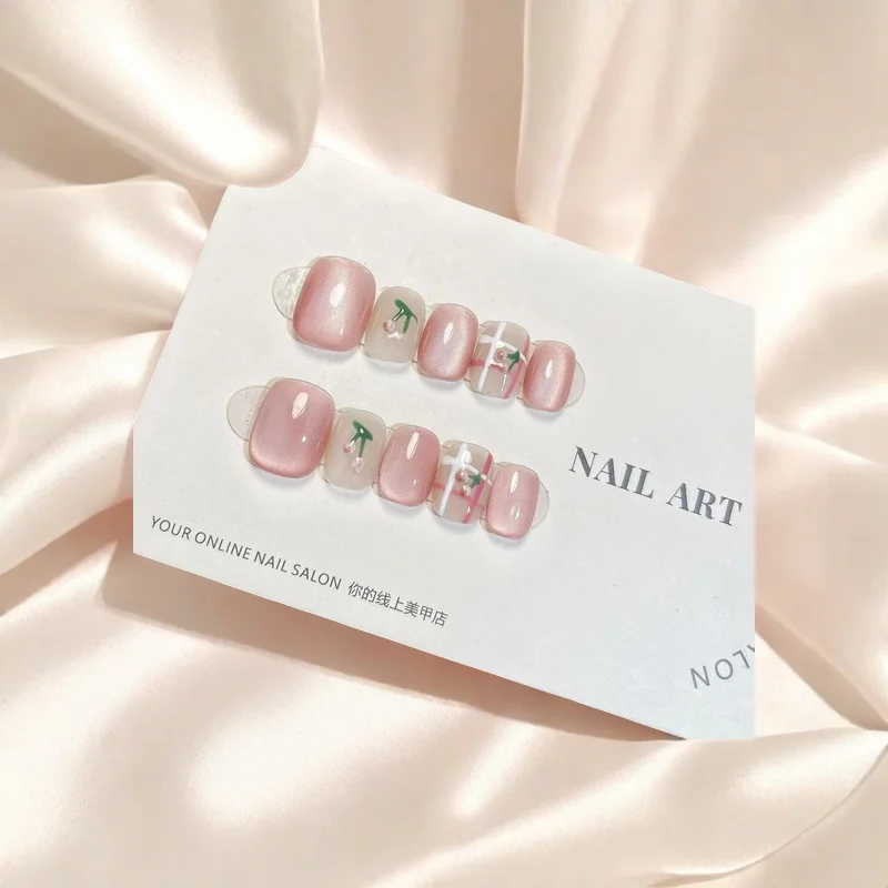 

10Pcs Sweety Pink Press-On Handmade Nails Short Square Adorable Acrylic Hand-Painted Cherry with Cat Eye Effect for Daily Wear