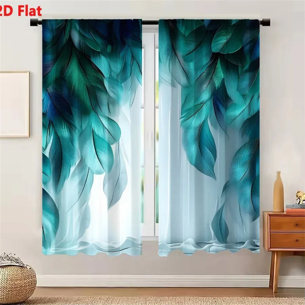 Elegant Blue Green Leaf Pattern Curtain Panels for Living Room Home Decor Light Filtering Window Treatment