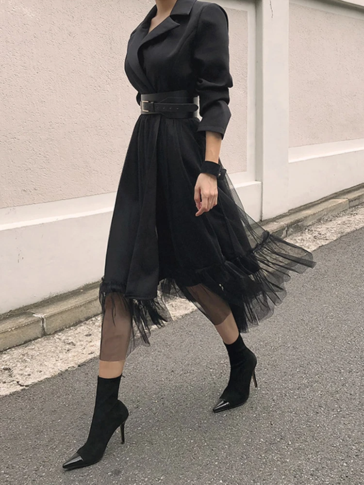 Fashion Korean Women Dress Chic Black Temperament Formal Vintage Casual Belt Slim Midi Party Club Prom Robe Femme Mujer Vestidos