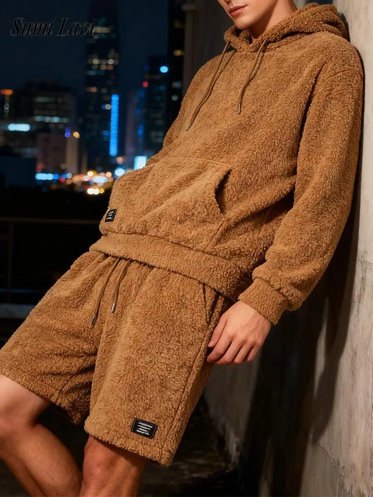 

Уличная одежда, винтажная мужская уютная меховая одежда, модная однотонная флисовая толстовка с капюшоном и шорты, мужские повседневные комплекты из двух предметов