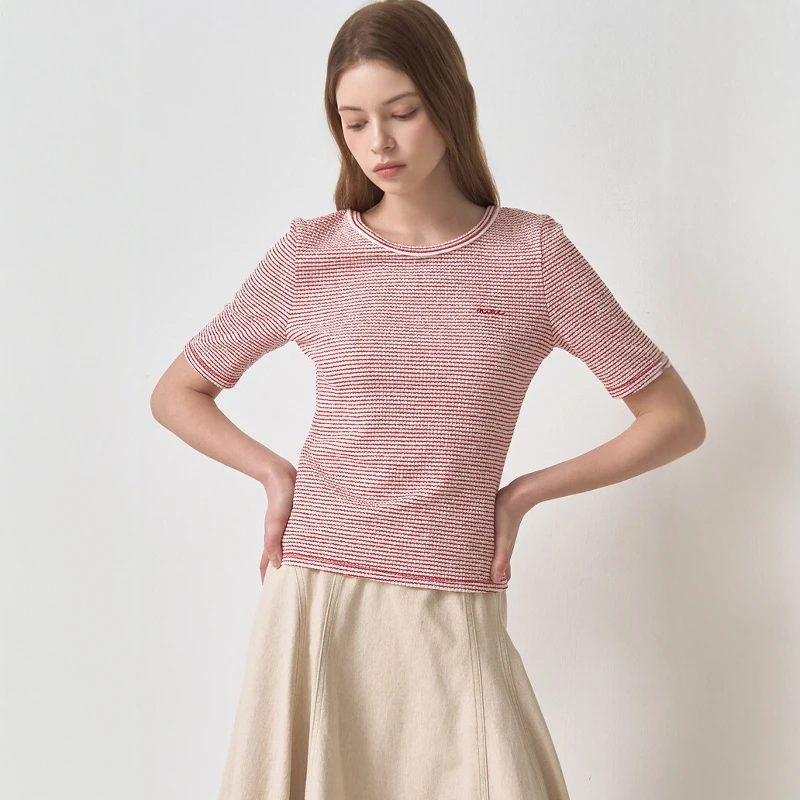 

Spring Summer Knitted Short Sleeve round Neck Elastic Stripe Color Block Casual Loose Fit Women's T-Shirt Stylish Versatile Top