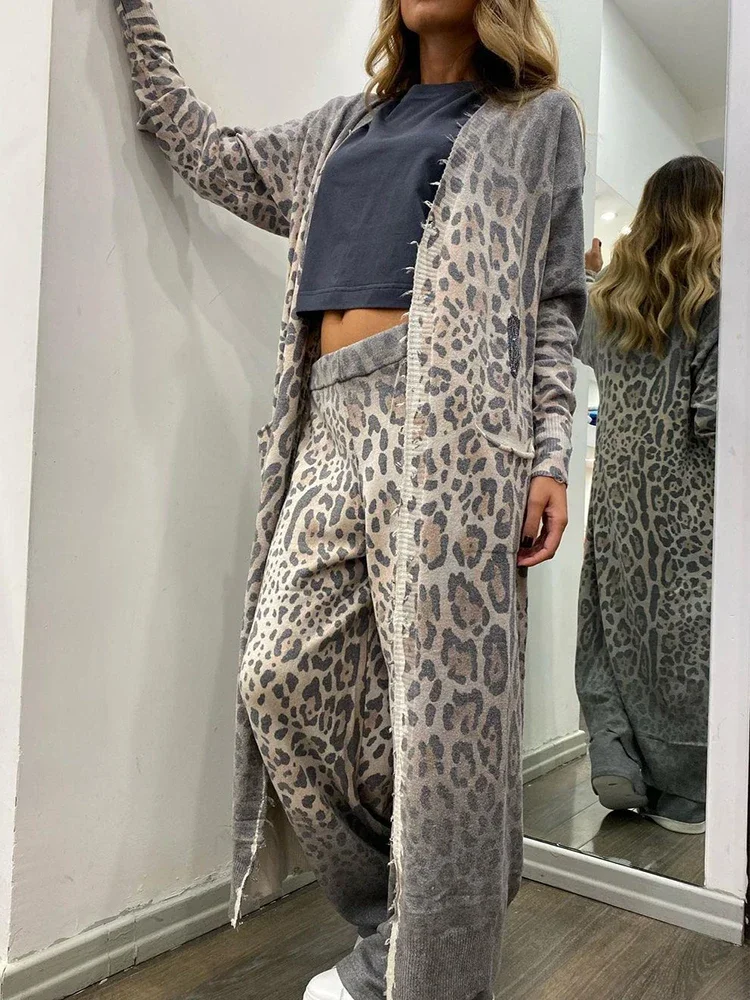 Spring Women\'s Long sleeved Casual Style Polyester Material 2024 New Fashion Leopard Pattern Cardigan Coat Long Pants Set