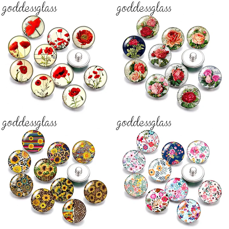 Flowers Rose Poppy Sunflowers blooming 10pcs mix Round photo 18mm/12mm snap buttons for 18mm/12mm snap jewelry DIY findings