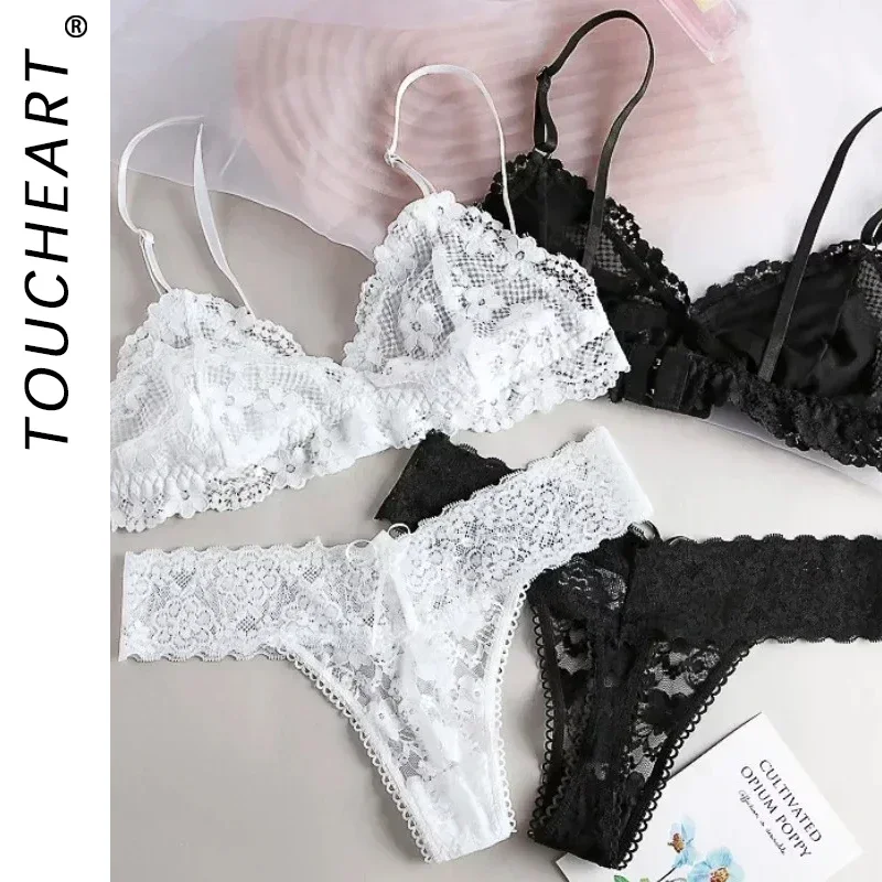 

Toucheart Lace Bra Panties Set For Women Nonwire Bralette Sexy Transparent Lingerie Set Female Low Waist G-String Underwear New