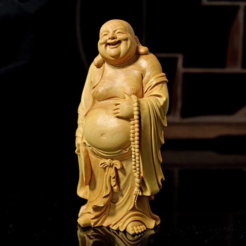 Statue de bouddha riant sculptée en buis de chine, pièce de poignée, Sculpture en bois massif, artisanat de décoration porte-bonheur fengshui pour la maison
