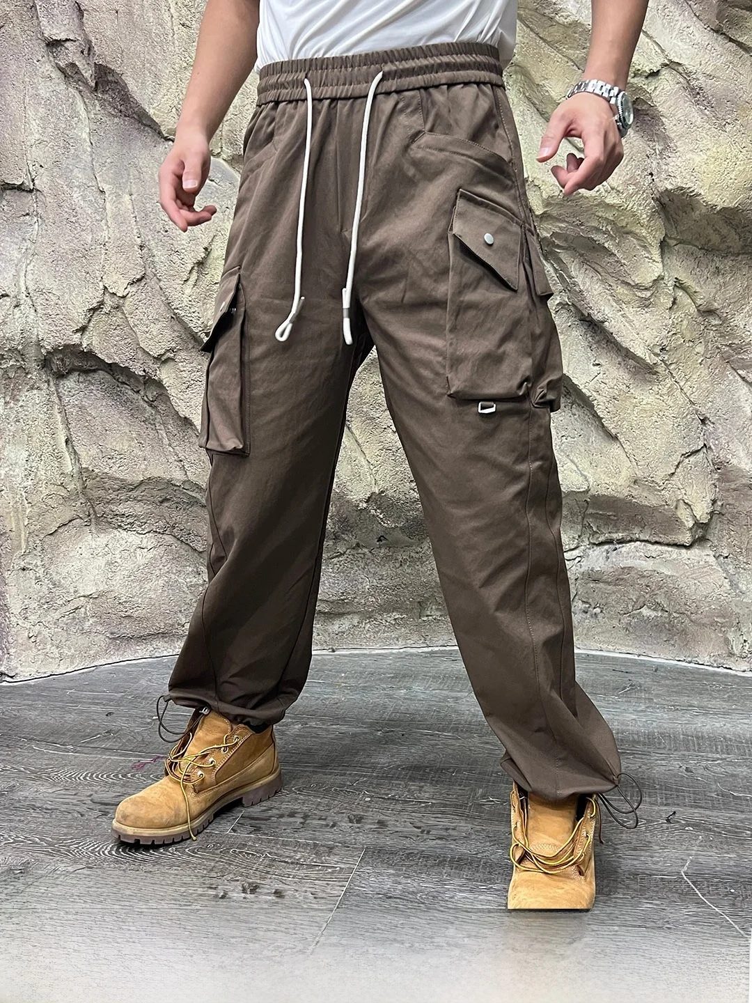 

Retro Japanese Style Men's Casual Pants Loose Straight Leg with Big Pockets Splicing Design Pure Color Spring Fashion