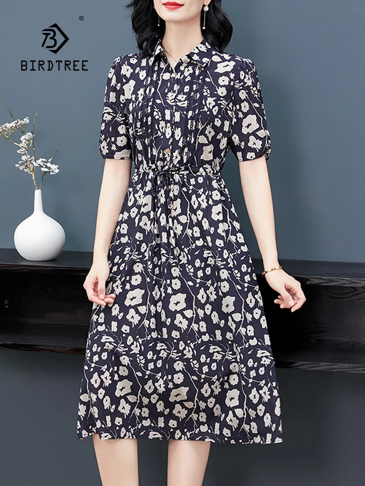 

BirdTree, 90%Real Silk Eleagnt Dresses, Women Short Sleeve Printed, Temperament Gentle Oversize Mom Dress, 2024 Summer D44822QC