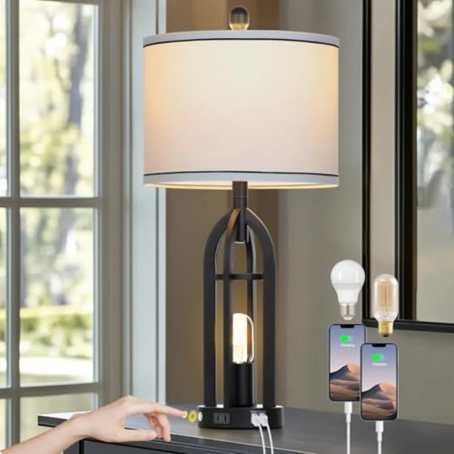 27" Tall Vintage Table Lamp with USB C+A and Outlet, Black Industrial End Table Lamp for Living Room, Farmhouse Rustic Bedside