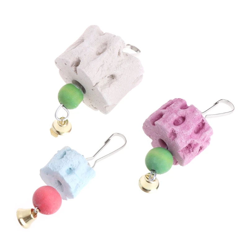 Piedra calcio con molienda para pájaros, juguetes para masticar minerales con campana, para conejitos y loros, envío
