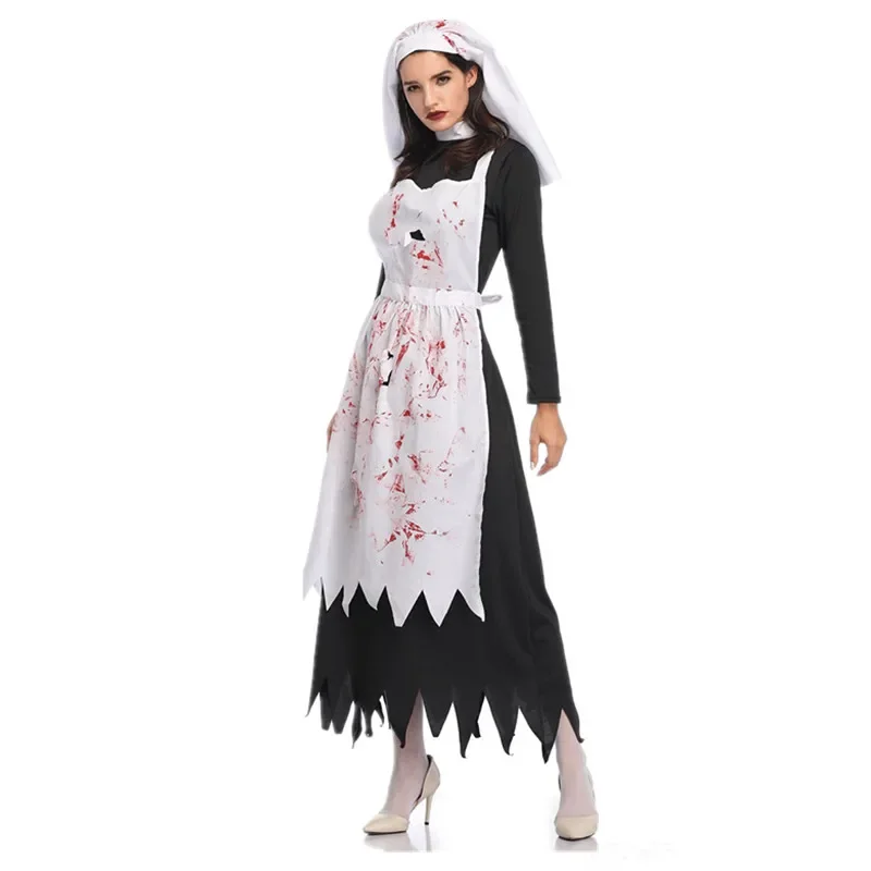 

Halloween Costume Adult Horror Bloody Nun Costume Cosplay Nun Maid Zombie Irregular Long Dress