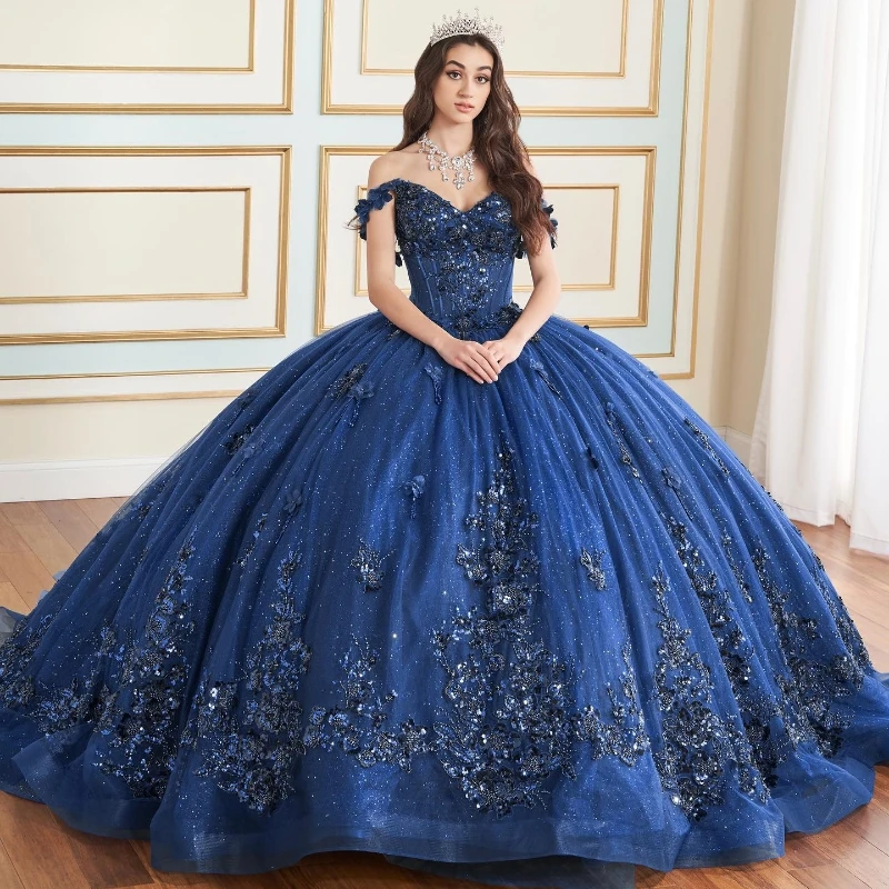 

Navy Blue Shiny Princess Ball Gown Charming Quinceanera Dress 3D Flower Appliqué Lace Beads Sequin Sweet 16 Dress Vestidos 15