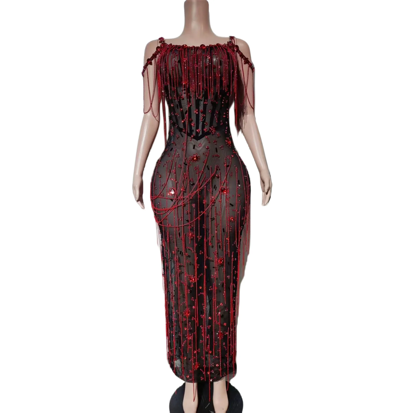 

Sexy Black Red Rhinestone See Through Mesh Off Shoulder Maxi Dress Women Prom Evening Gown Birthday Celebrate Party Wear Lajiao