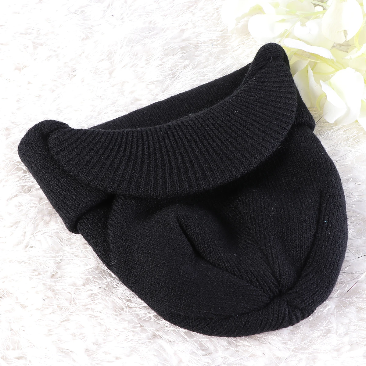 Knitted Black Peaked Cap Insulated Warm Winter Beanie Hat Cable Knit Double Layered Thermal Sweat-Resistant Breathable Outdoor