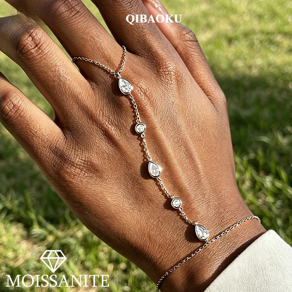QIBAOKU WaterDrop Moissanite Bracelet Finger Wrist Chain S925 Silver Bezel Set Diamond Hand Chain for Women Gift Jewelry 2026
