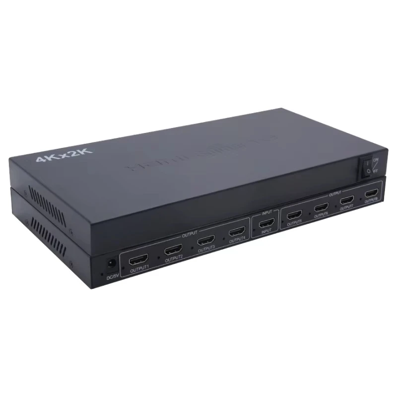 HD 1080p 8-Way Video Amplifier Splitter 1x8 1 in 8 Out 5.1ch Active Home Theater Speaker with Remote Control Metal