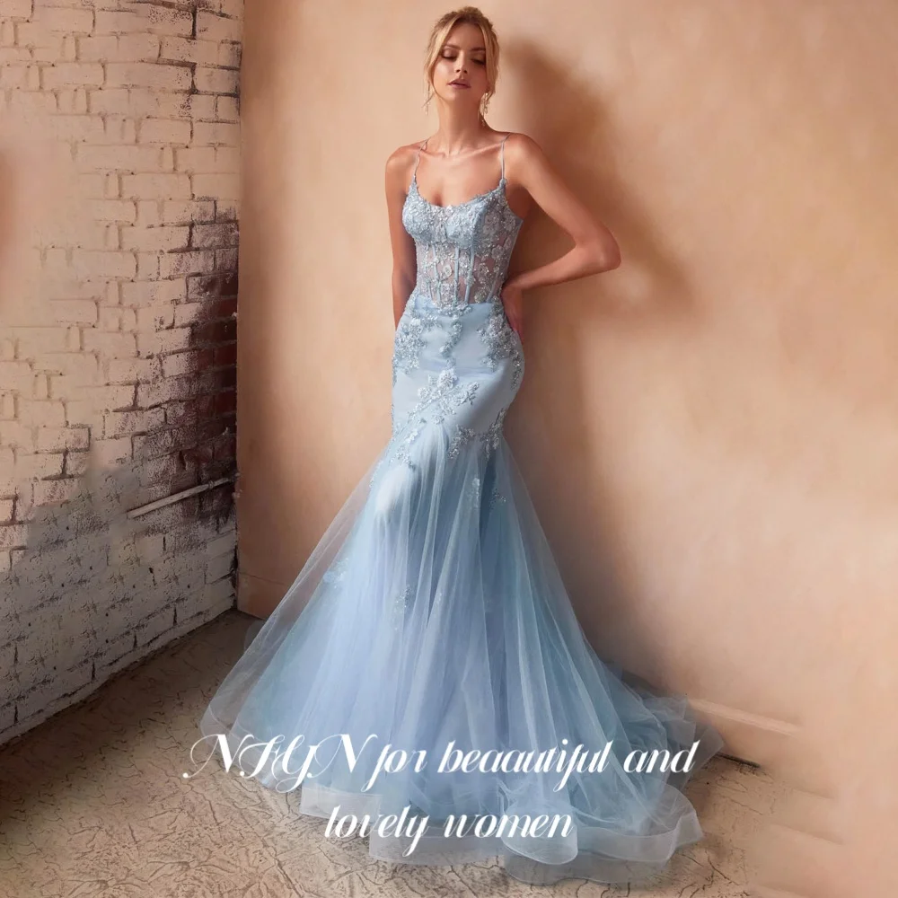 

NFYN Sky Blue Elegant Prom Dresses Scoop Spaghetti Straps Trumpet Party Night Dresses Applique Sequins Evening Gown Customized